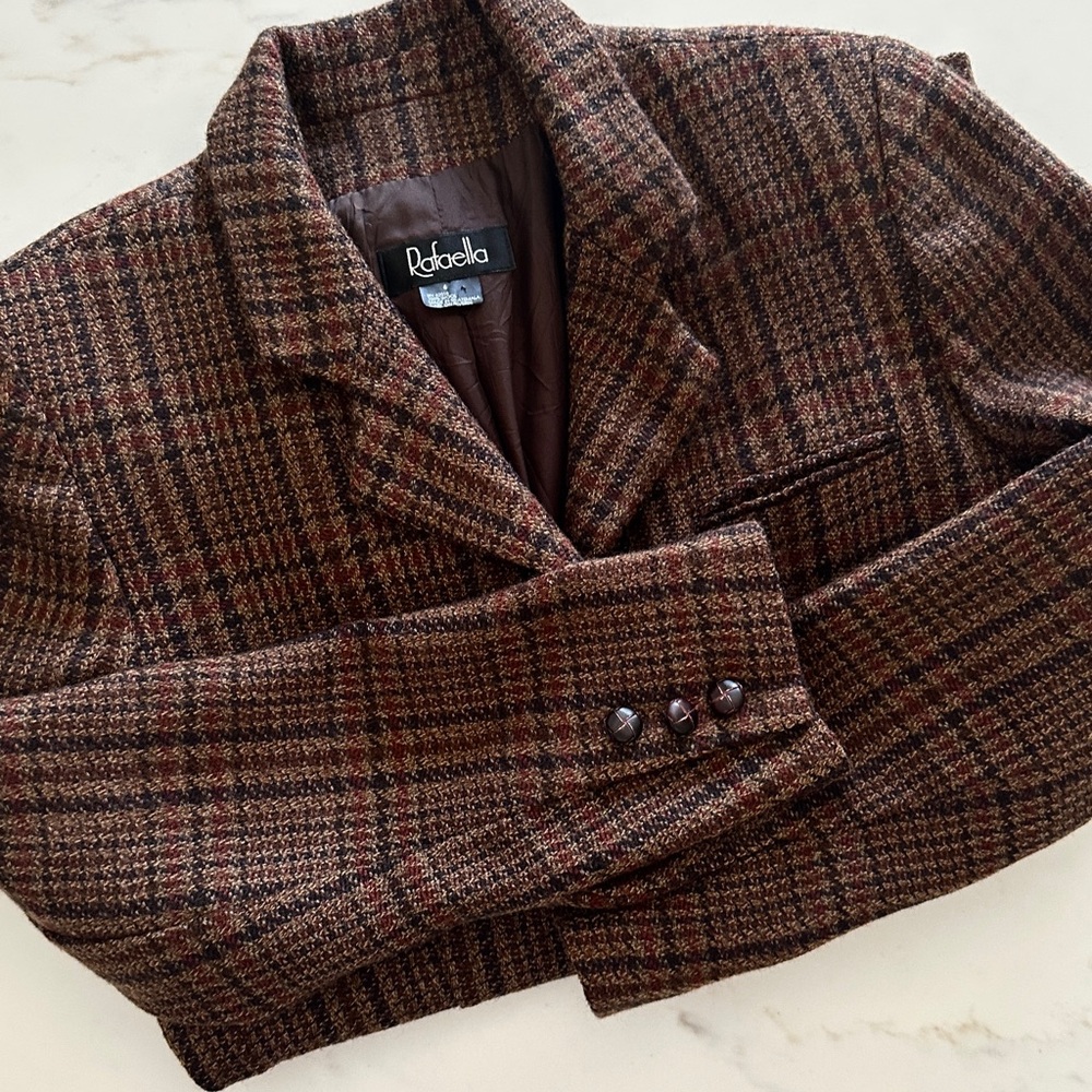 Vintage Rafaella Women's Checkered Wool Blazer in Rich Brown